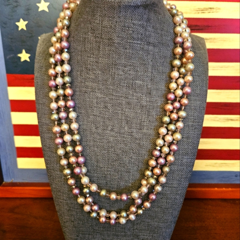 Pearl and Swarovski triple strand necklace